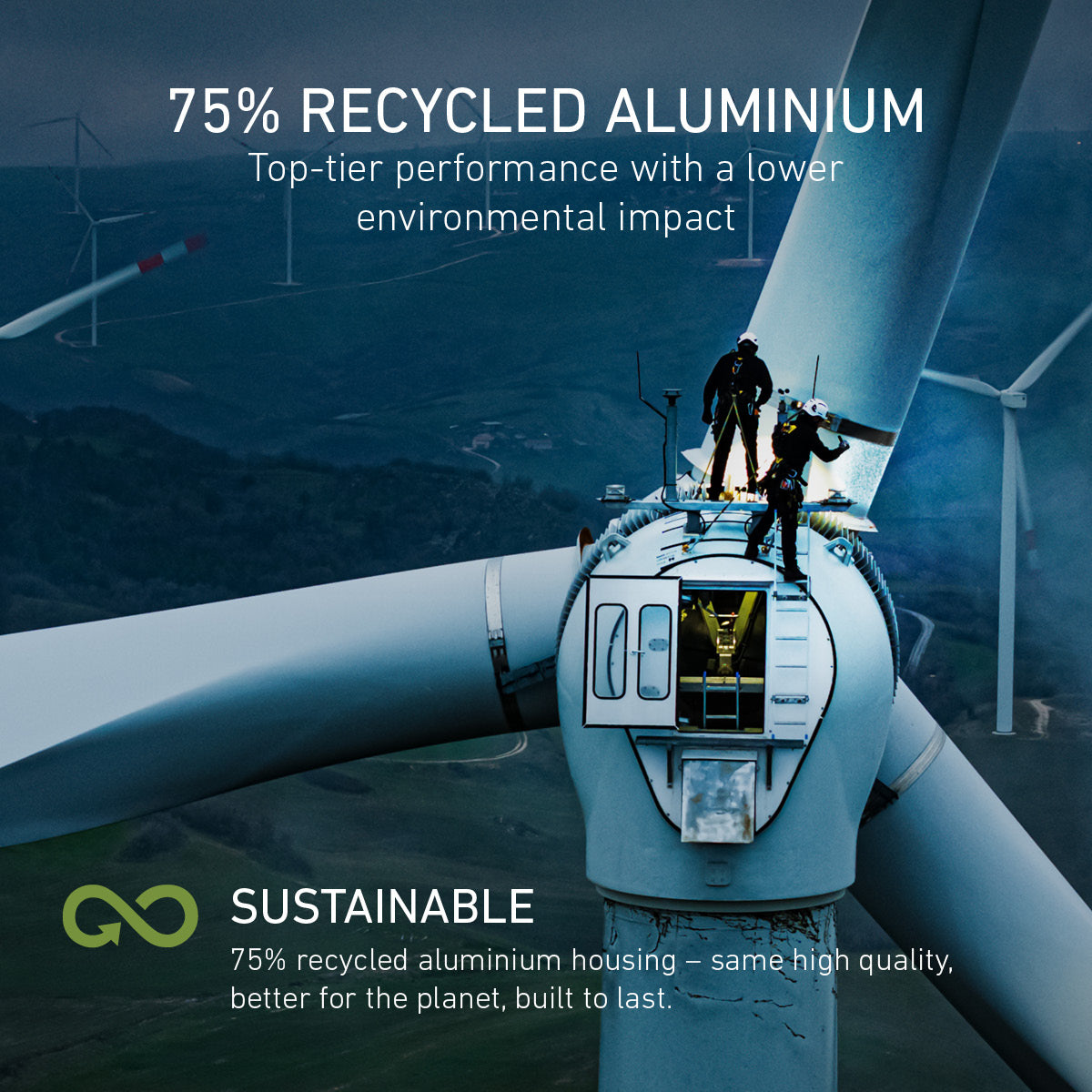 Wind turbine with workers on top using torches, highlighting recycled aluminium content and sustainability.