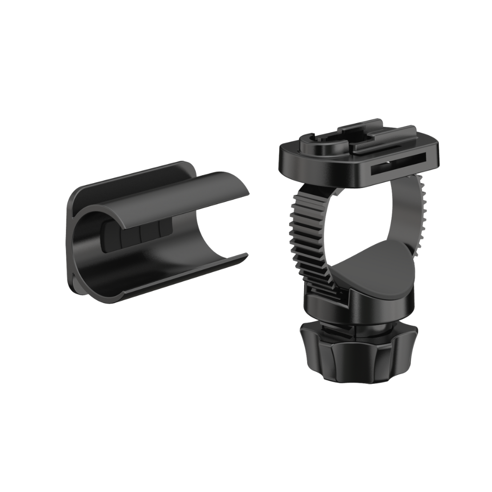 Two black plastic mounting brackets on a white background