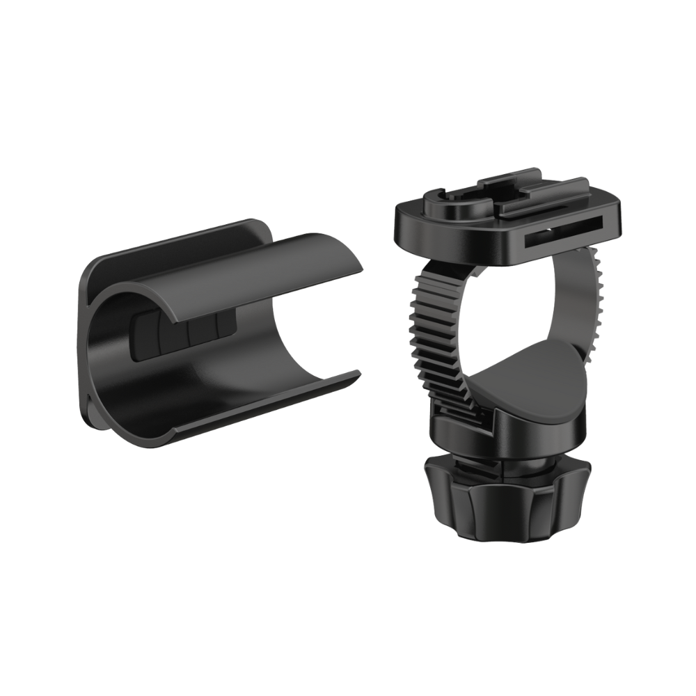 Two black plastic mounting brackets on a white background