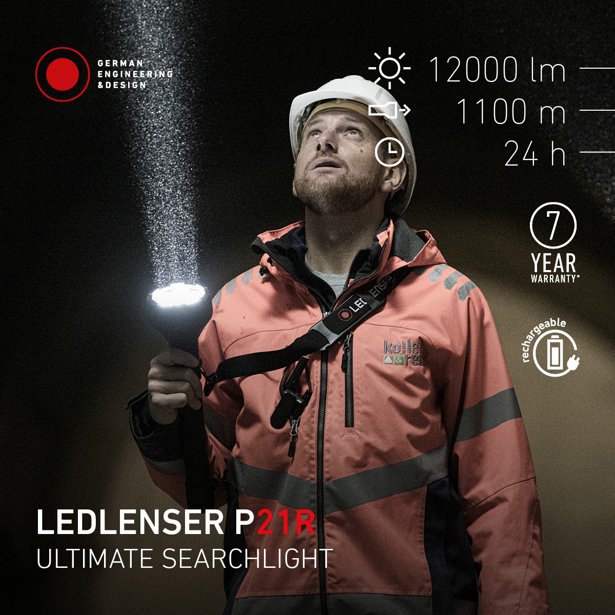 Person holding a LEDLENSER P21R flashlight with product features displayed on a dark background