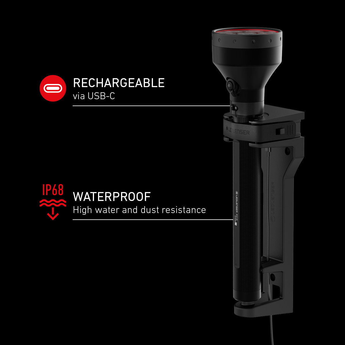 Black flashlight with rechargeable and waterproof features on a black background