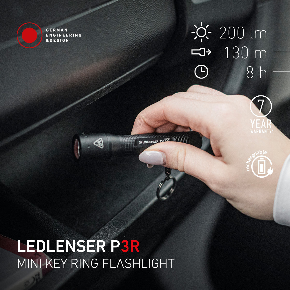 P3R Rechargeable Keyring Torch 2025, 200 Lumens