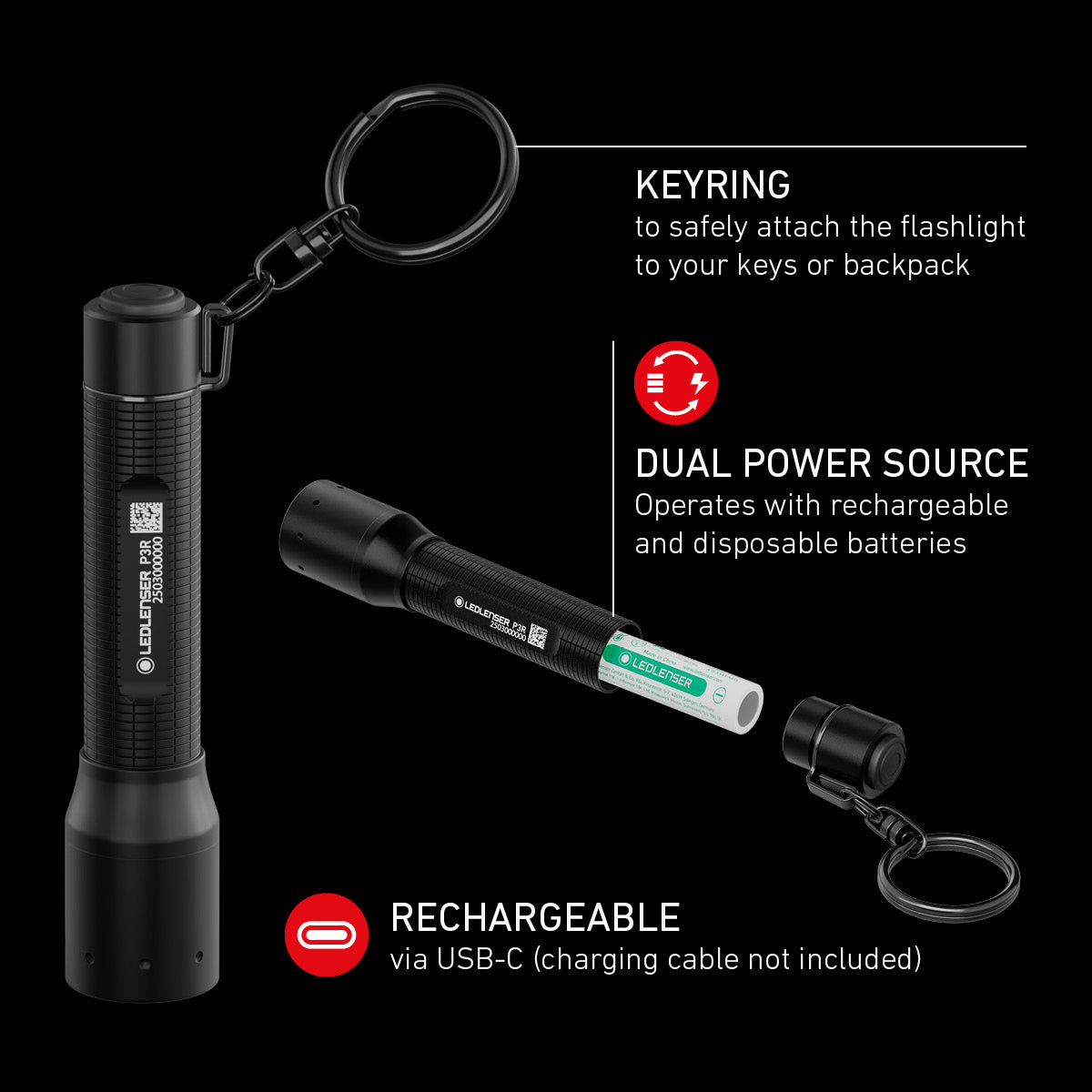 P3R Rechargeable Keyring Torch, 200 Lumens