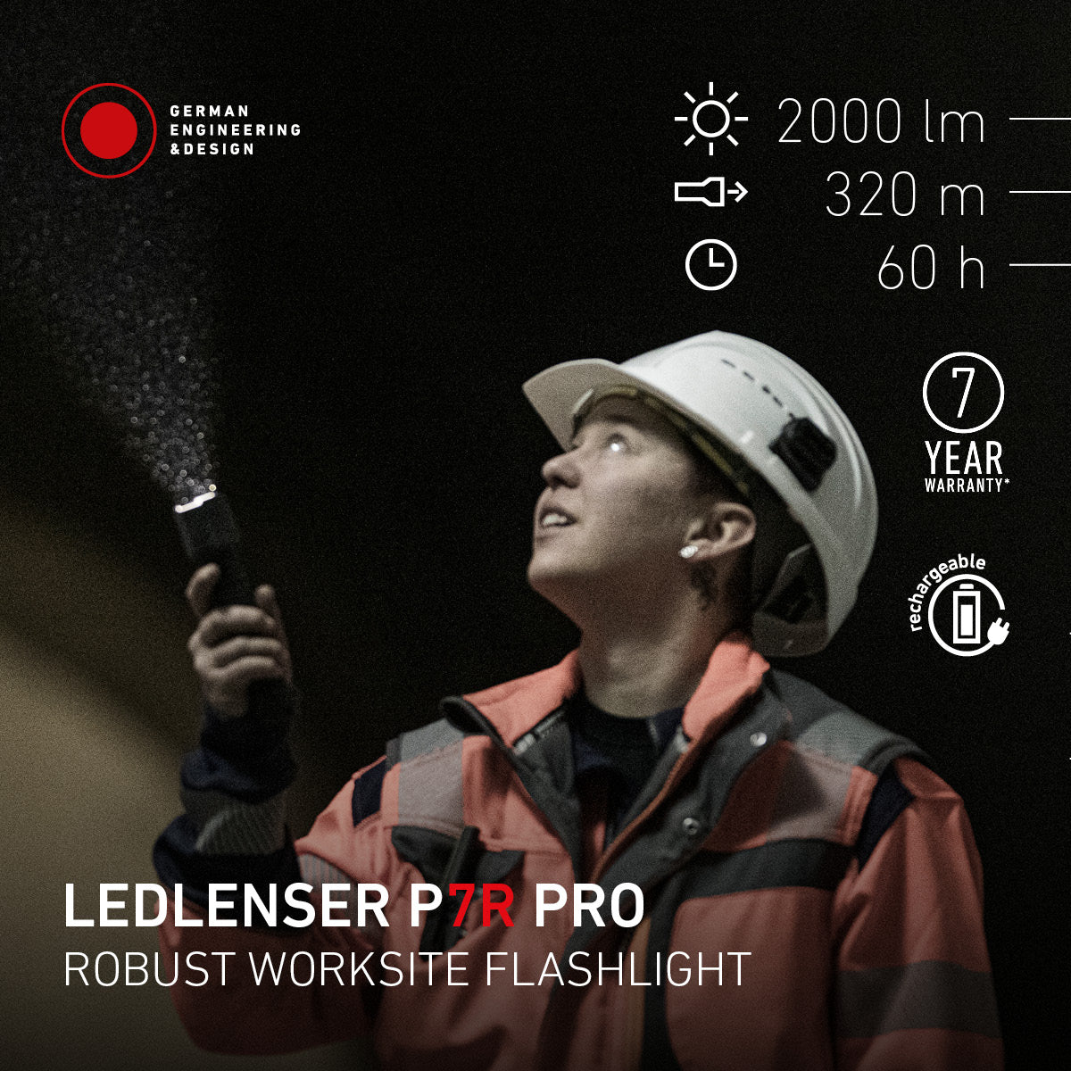Person wearing a hard hat and safety jacket holding a LEDLENSER P7R PRO flashlight with product details on a dark background.