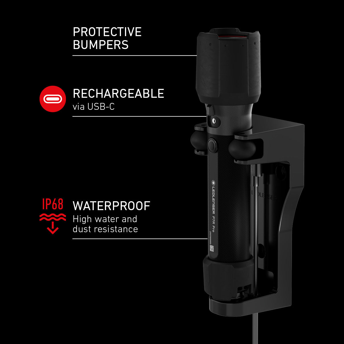Black Ledlenser flashlight in charging mount with features highlighted on a black background