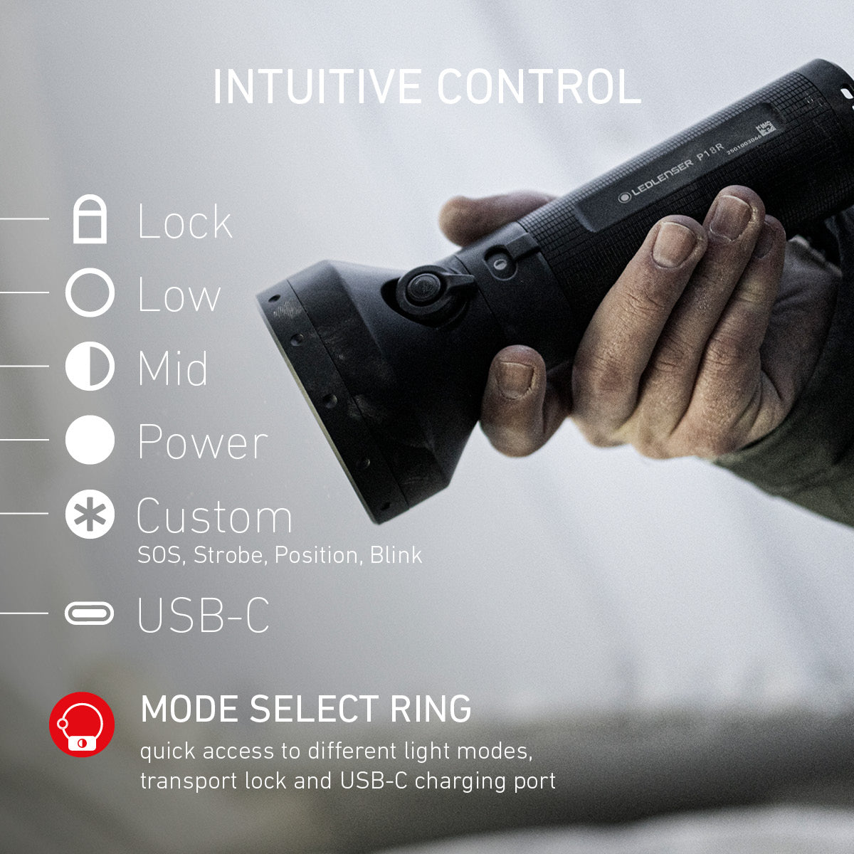 Hand holding a flashlight with control options displayed on a gray background