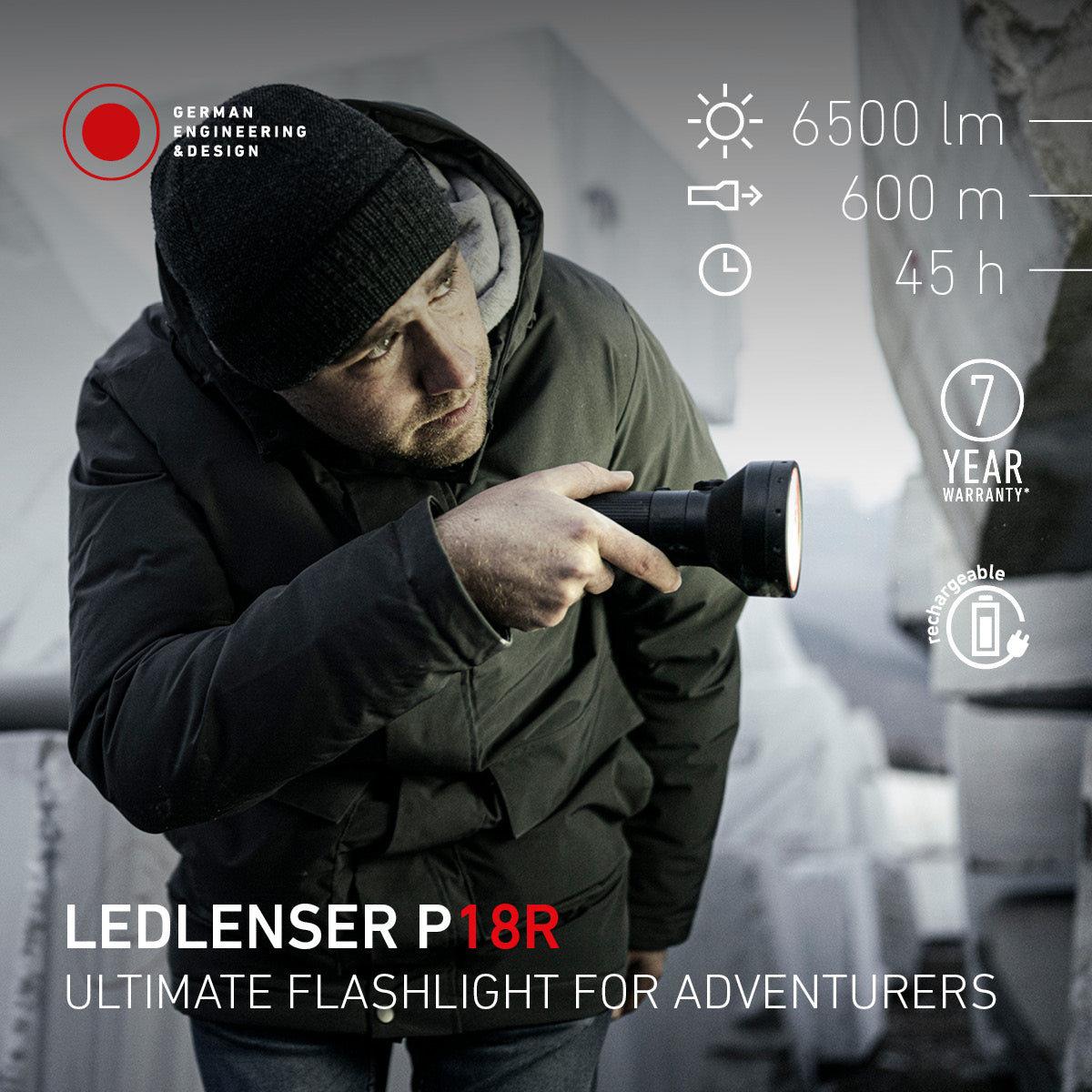 Person using a flashlight with LEDLENSER P18R branding and product features displayed.