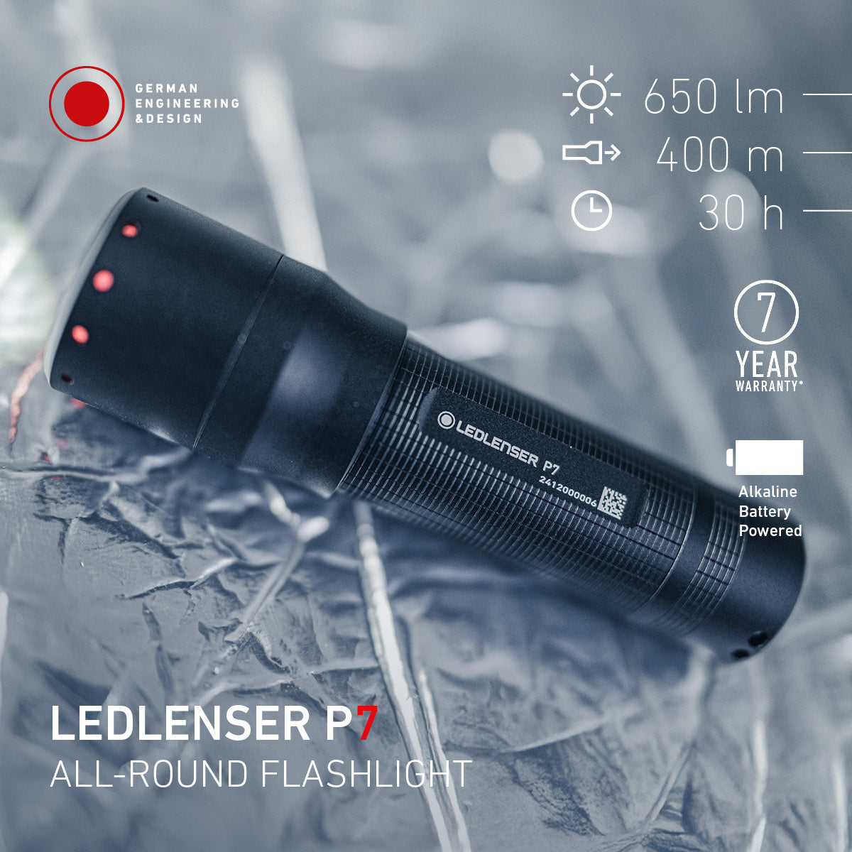 LEDLENSER P7 flashlight on a textured surface with product details.