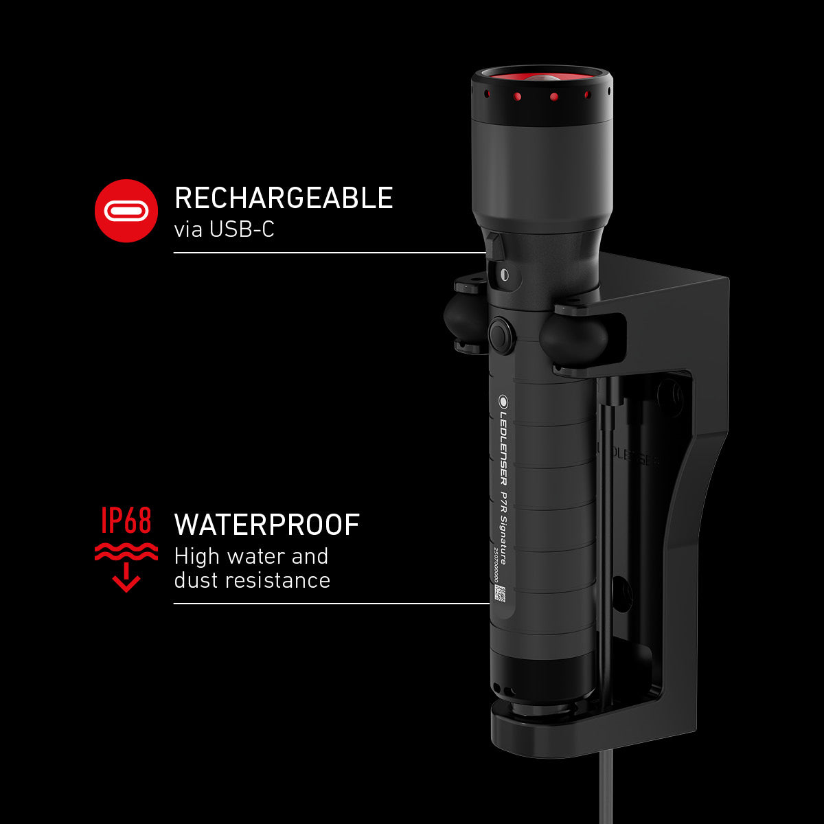 Black flashlight with USB-C charging and waterproof features on a black background