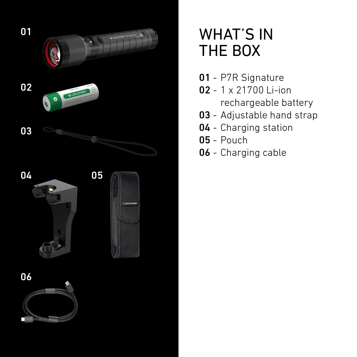 Product packaging list with flashlight, battery, strap, charging station, pouch, and cable on a black and white background.