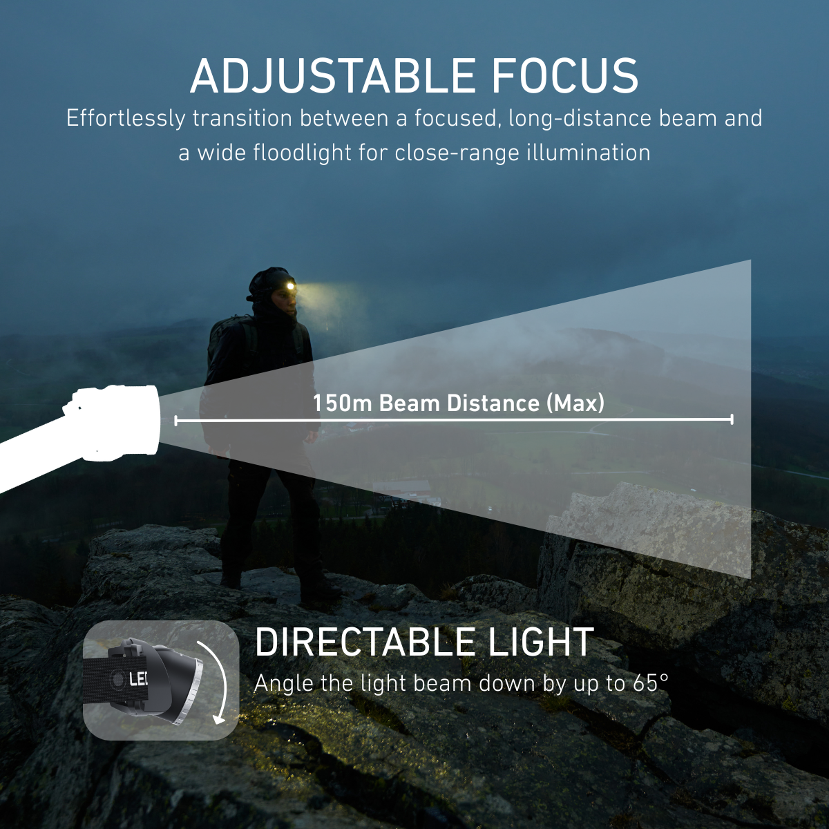 Person with a flashlight on a mountain, demonstrating adjustable focus and directable light features.