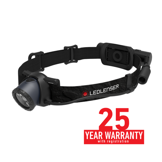 Black LEDLENSER headlamp with a 25-year warranty badge on a white background
