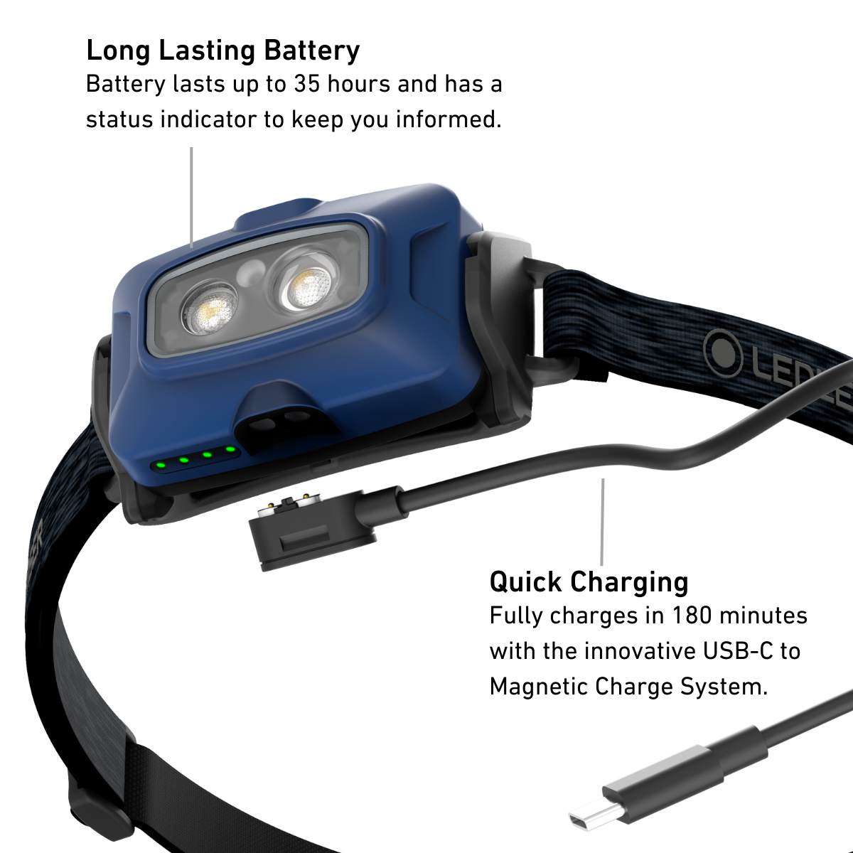 Blue Ledlenser headtorch with USB-C to magnetic charging cable on a white background