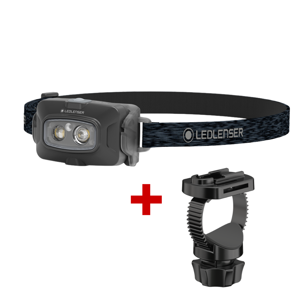 Black LEDLENSER HF4R headlamp with additional mount on a white background
