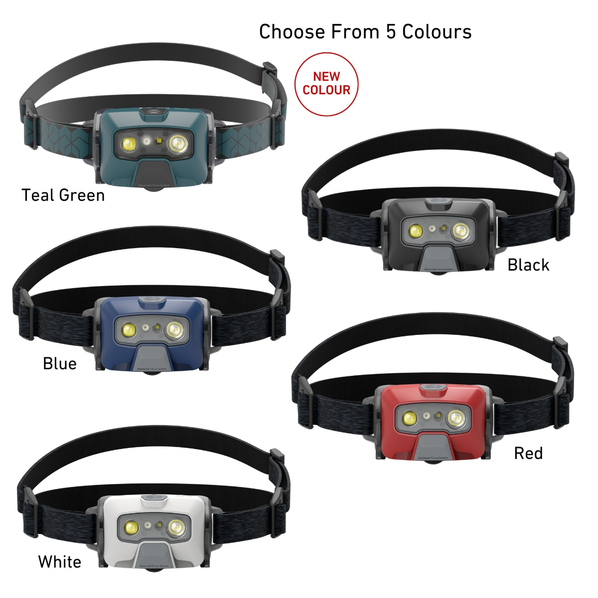 5 Ledlenser HF6R headtorches in teal green, black, blue, red and white on a white background