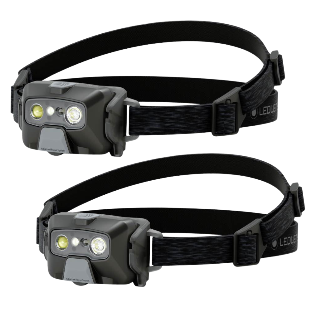 Two black Ledlenser HF6R headlamps with visible branding on a white background