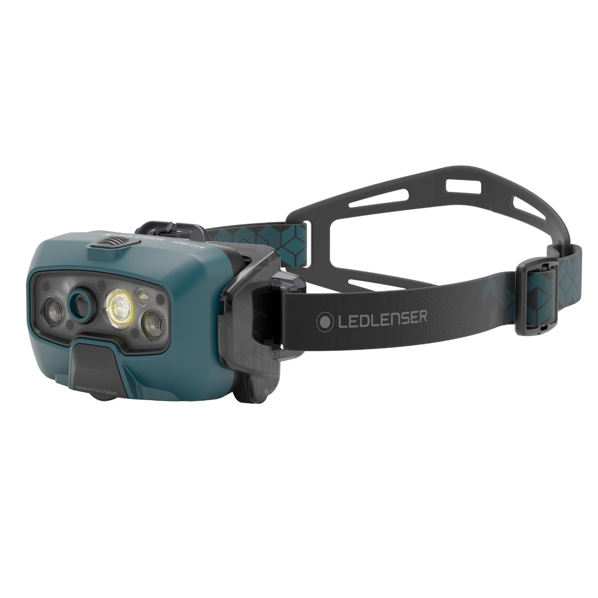 A rechargeable Ledlenser HF8R head torch with a green housing, featuring multiple LEDs set against a white background.