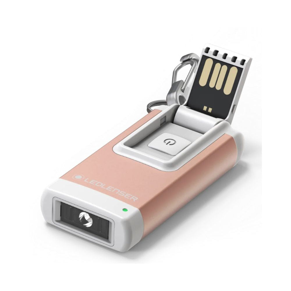 Rose gold and silver USB flashlight device on a white background