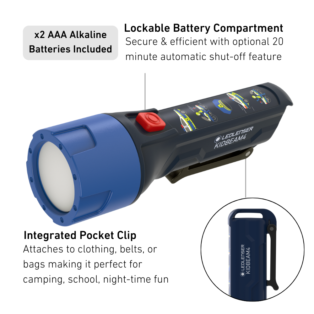 Blue Ledlenser police-themed kids flashlight with features highlighted on a white background