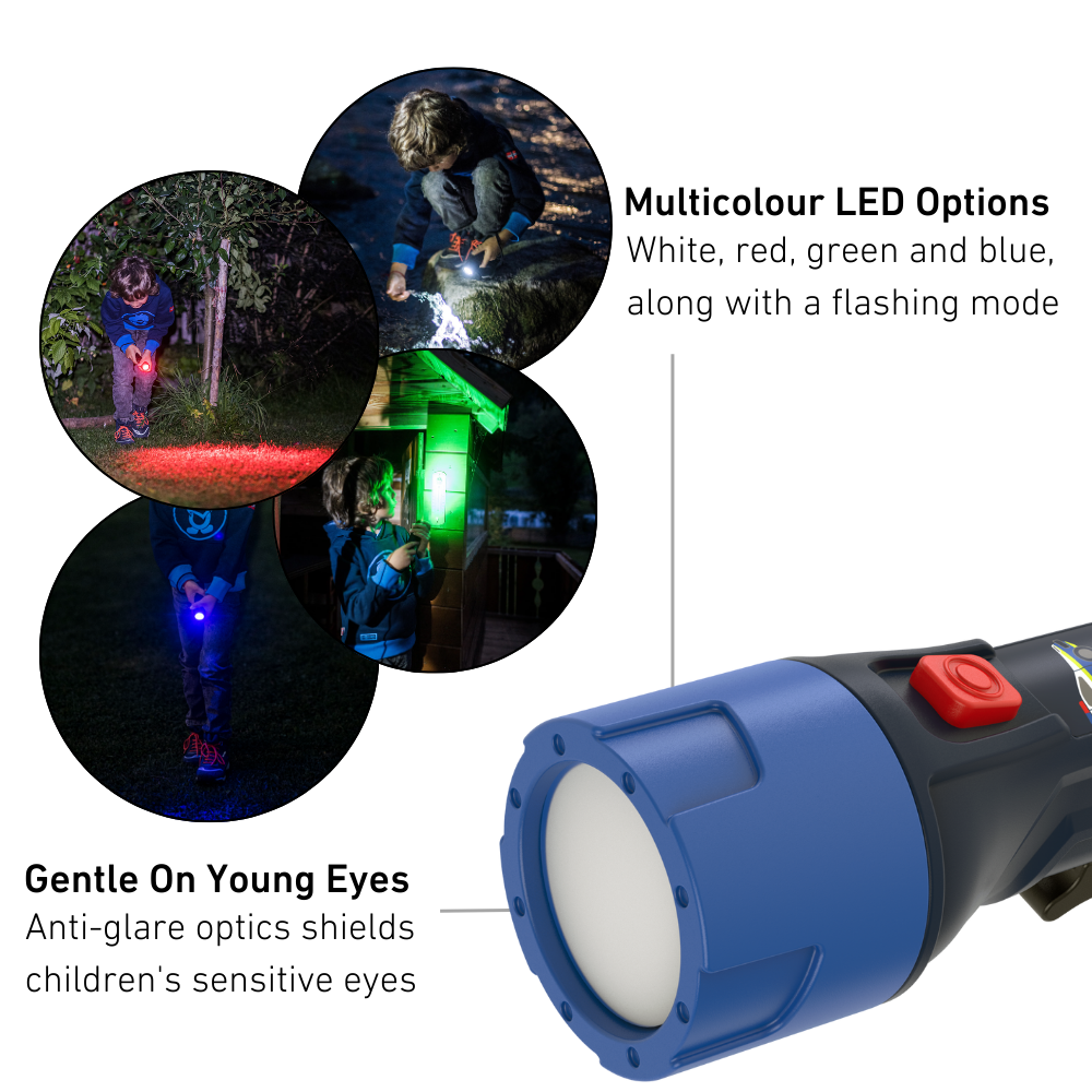 Multicolored Ledlenser flashlight with safety features and usage scenarios.
