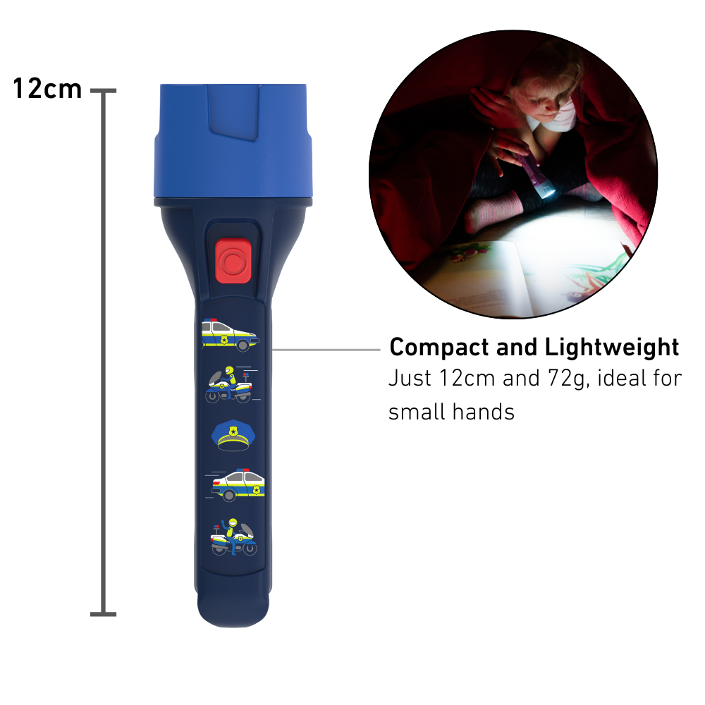 Compact flashlight with measurement details and inset showing use