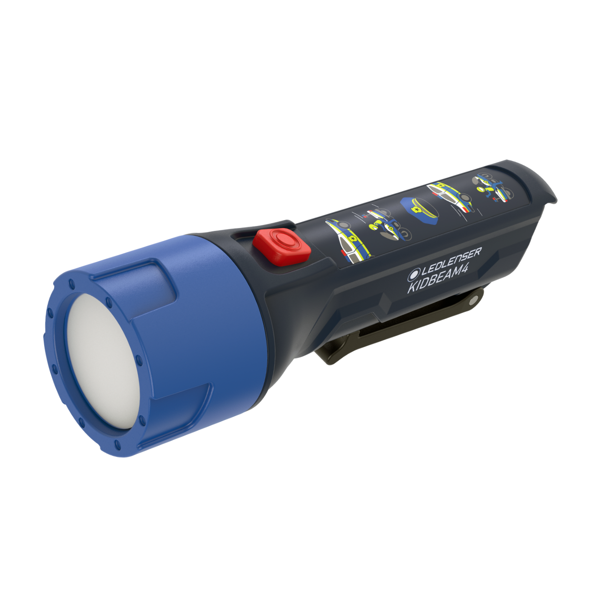 Blue kids' Ledlenser police-themed flashlight with a red button on a white background