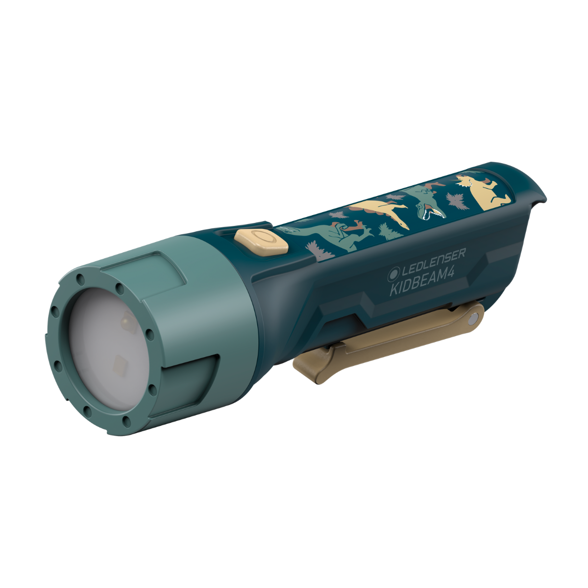 Green Ledlenser Kid's flashlight with animal illustrations on a white background