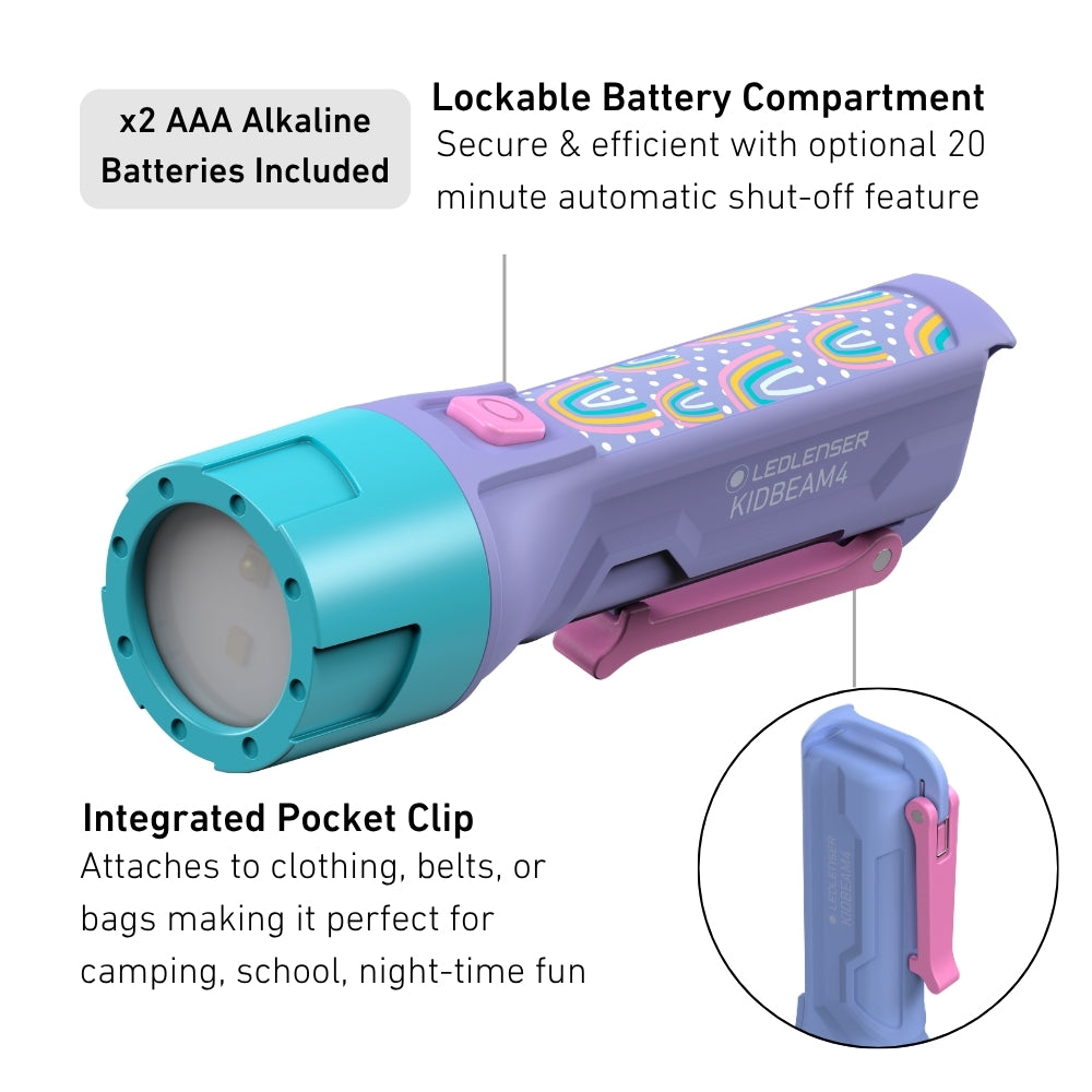 Ledlenser Children's flashlight with lockable battery compartment and pocket clip on a white background