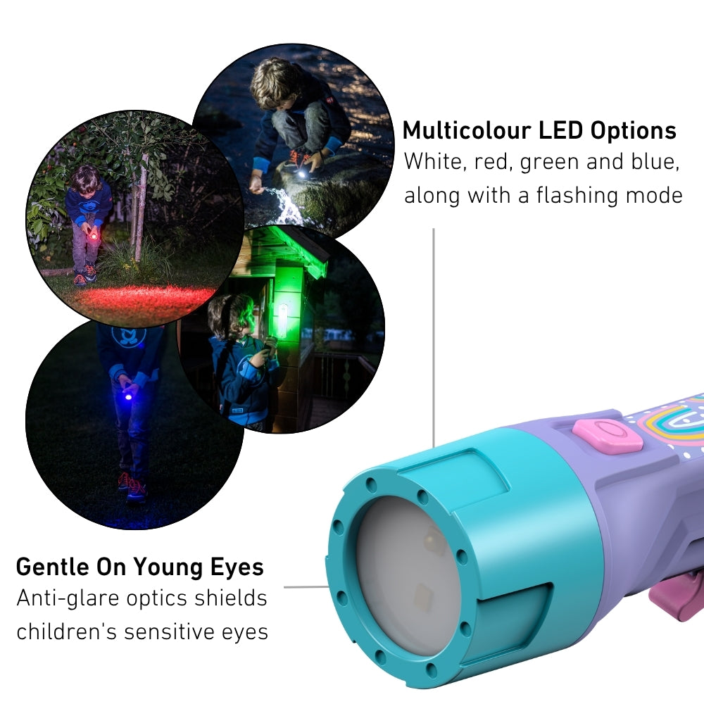 Children playing with a multicolored LED flashlight in various settings.