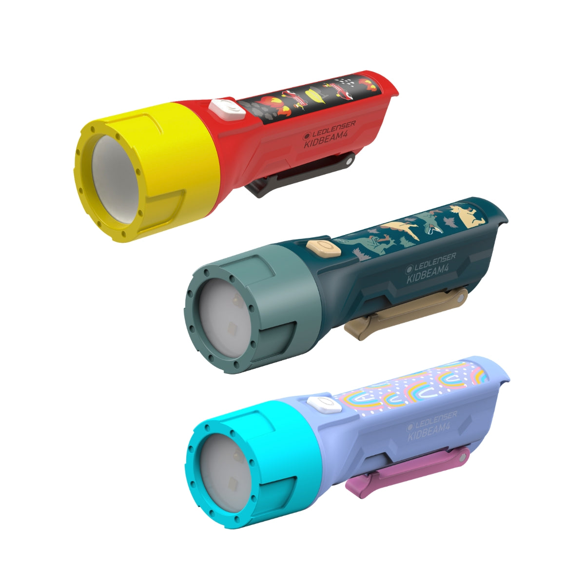 A collection of four Ledlenser children's torches in different colors: red, green, blue, and yellow. Each torch has a patterned design and a clip attached to it.