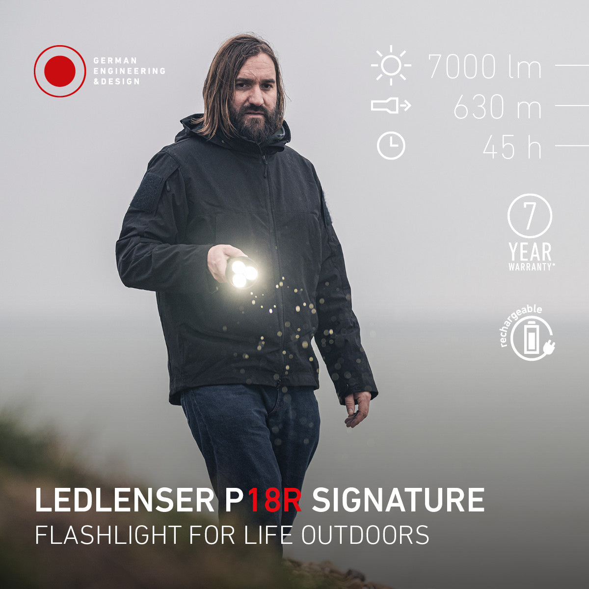 Man holding a flashlight with LEDLENSER P18R Signature branding and product features on a gray background