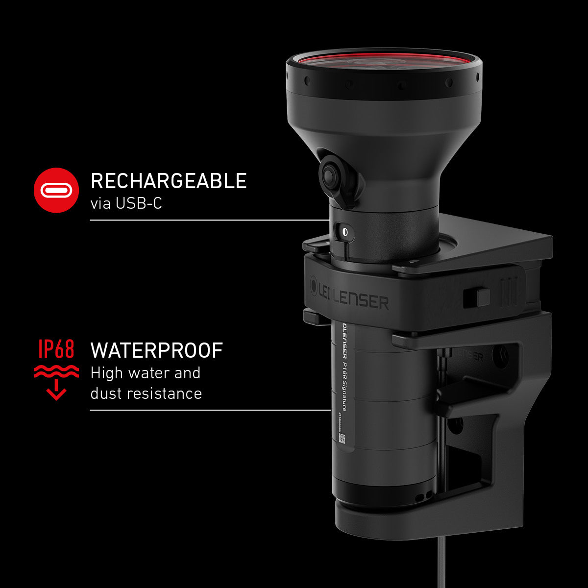 Black P18R torch with charging and waterproof features highlighted on a black background