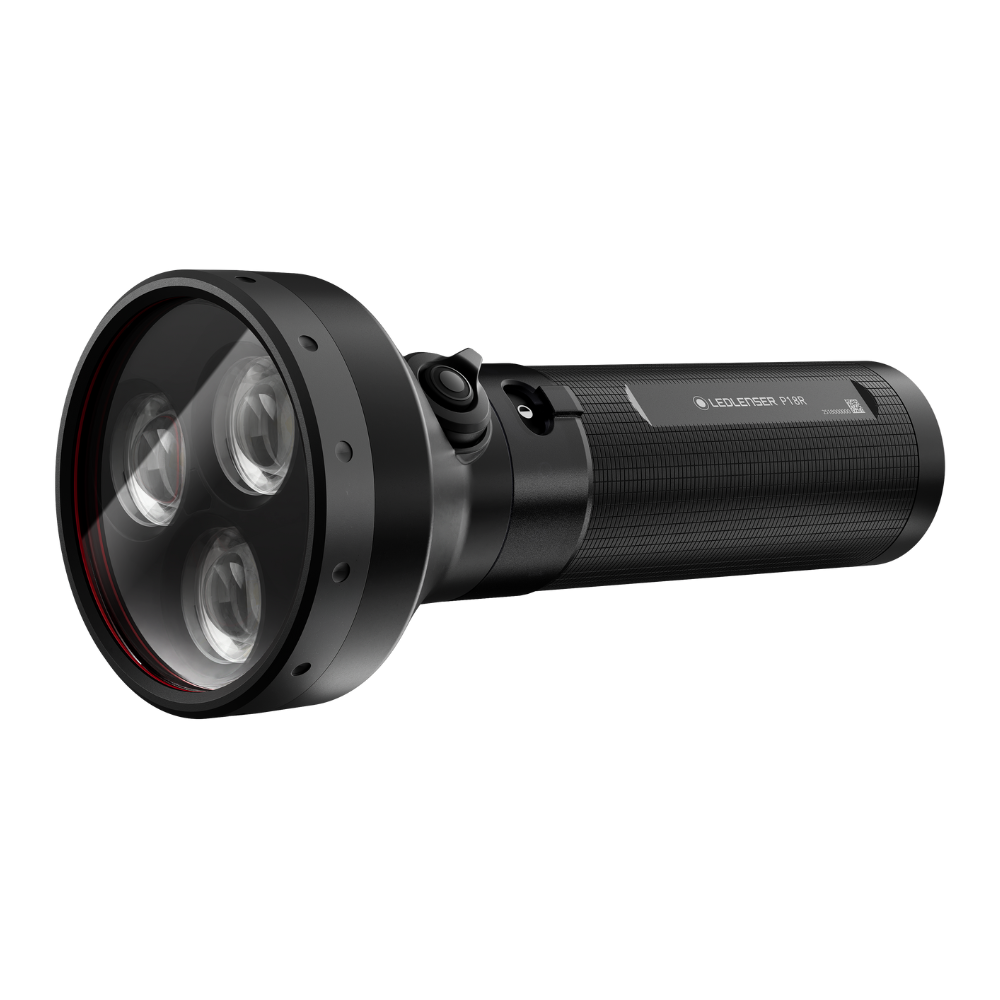 Black Ledlenser P18R flashlight with three LED lights on a white background