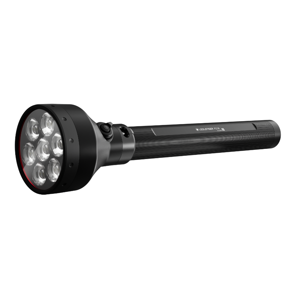 Black Ledlenser P21R flashlight with multiple LED lights on a white background