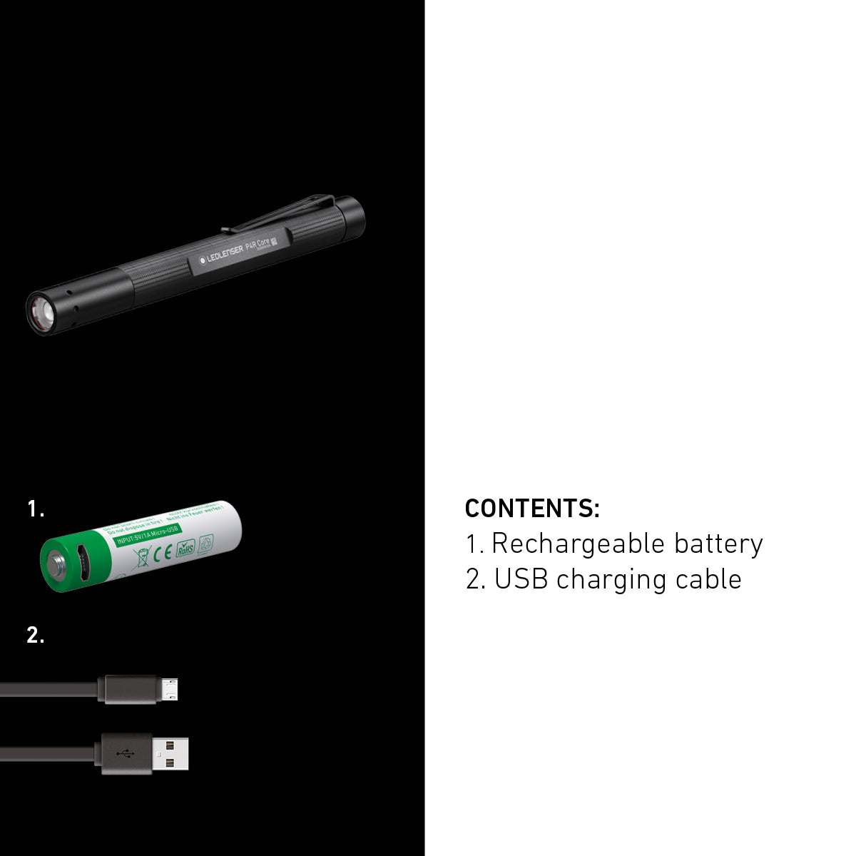 Black flashlight, rechargeable battery, and USB cable on a black and white background with text listing contents.