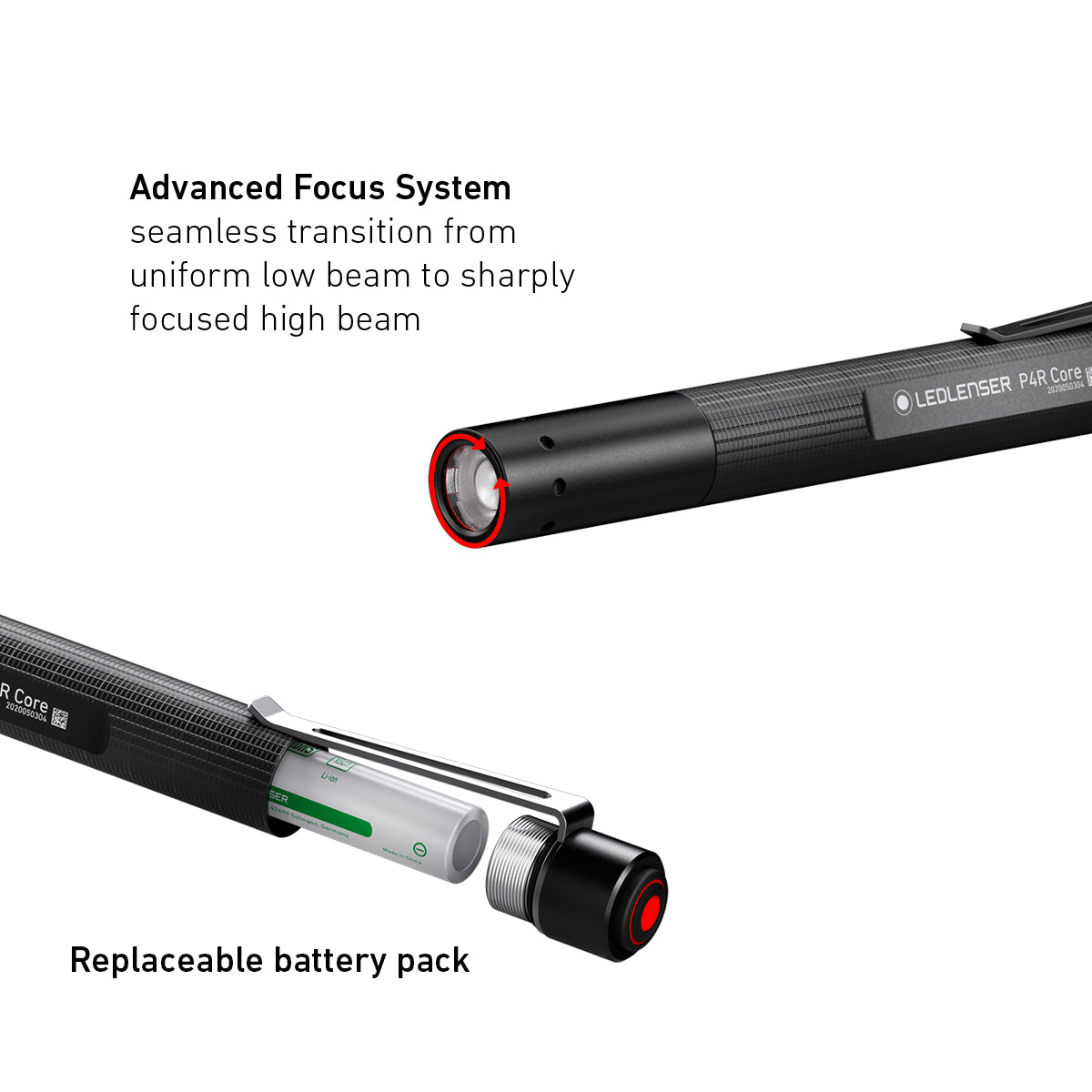 LED torch with text describing advanced focus system and replaceable battery pack on a white background