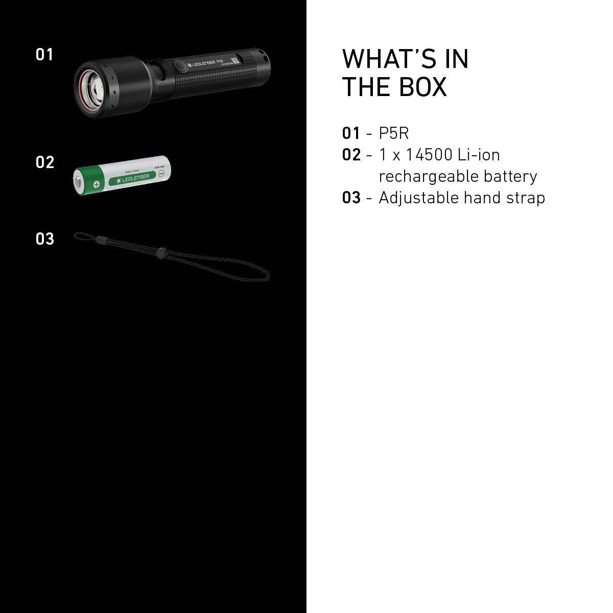 P5R product contents list with flashlight, battery, and strap on a black and white background.