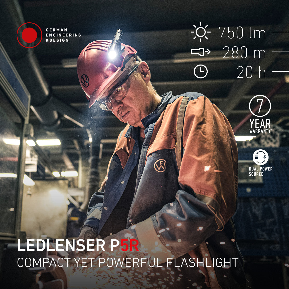 Person wearing a helmet with a LEDLENSER P5R flashlight, industrial setting