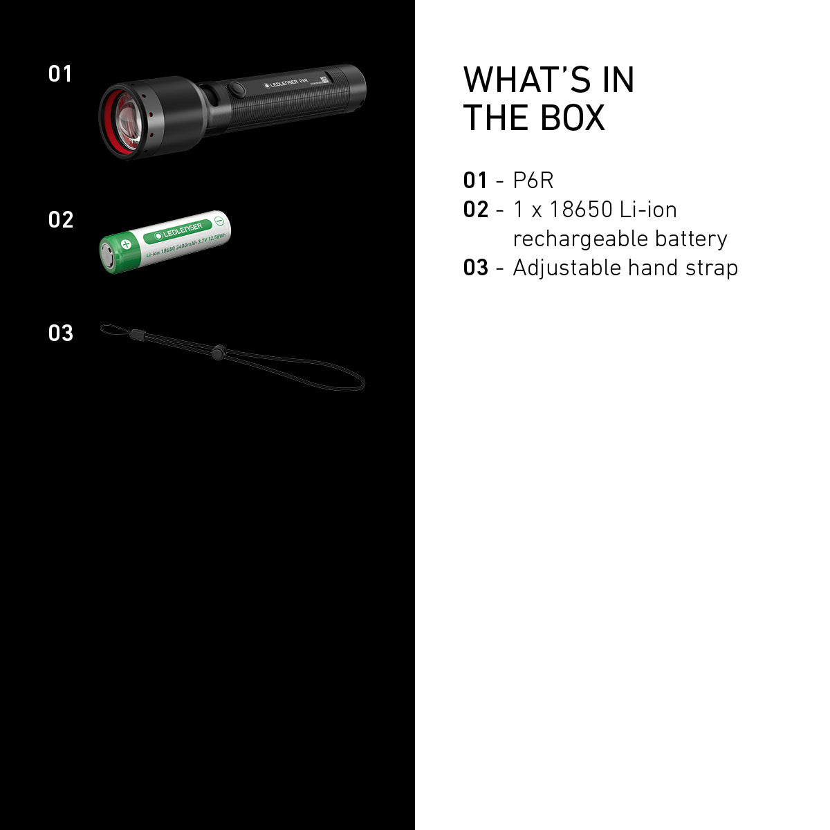 P6R product contents list with flashlight, battery, and strap on a black and white background