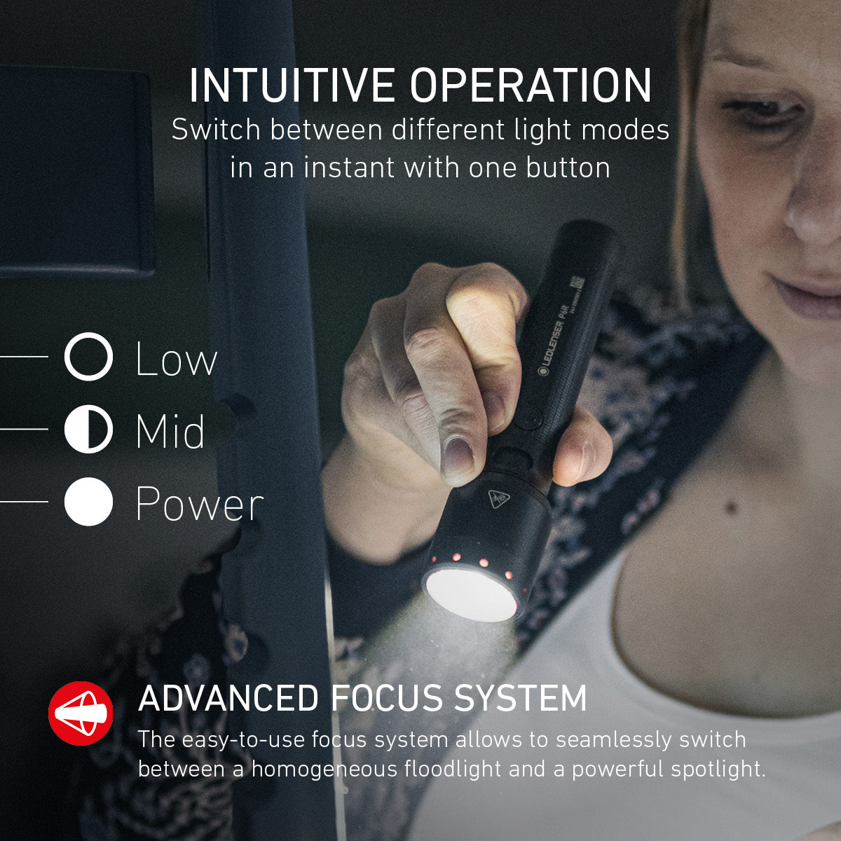 Person using a P6R with text on intuitive operation and focus system.