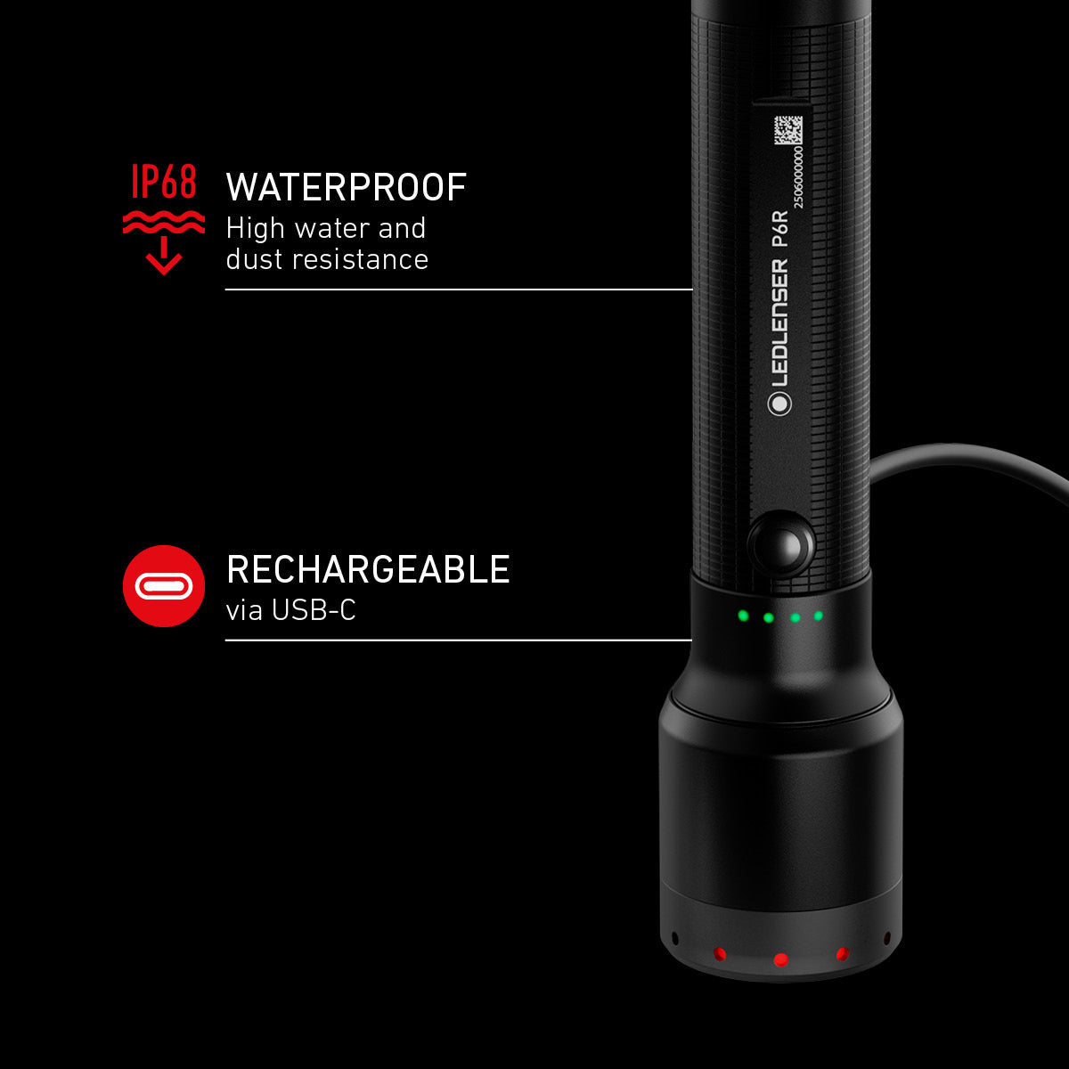 P6R with waterproof and rechargeable features on a black background