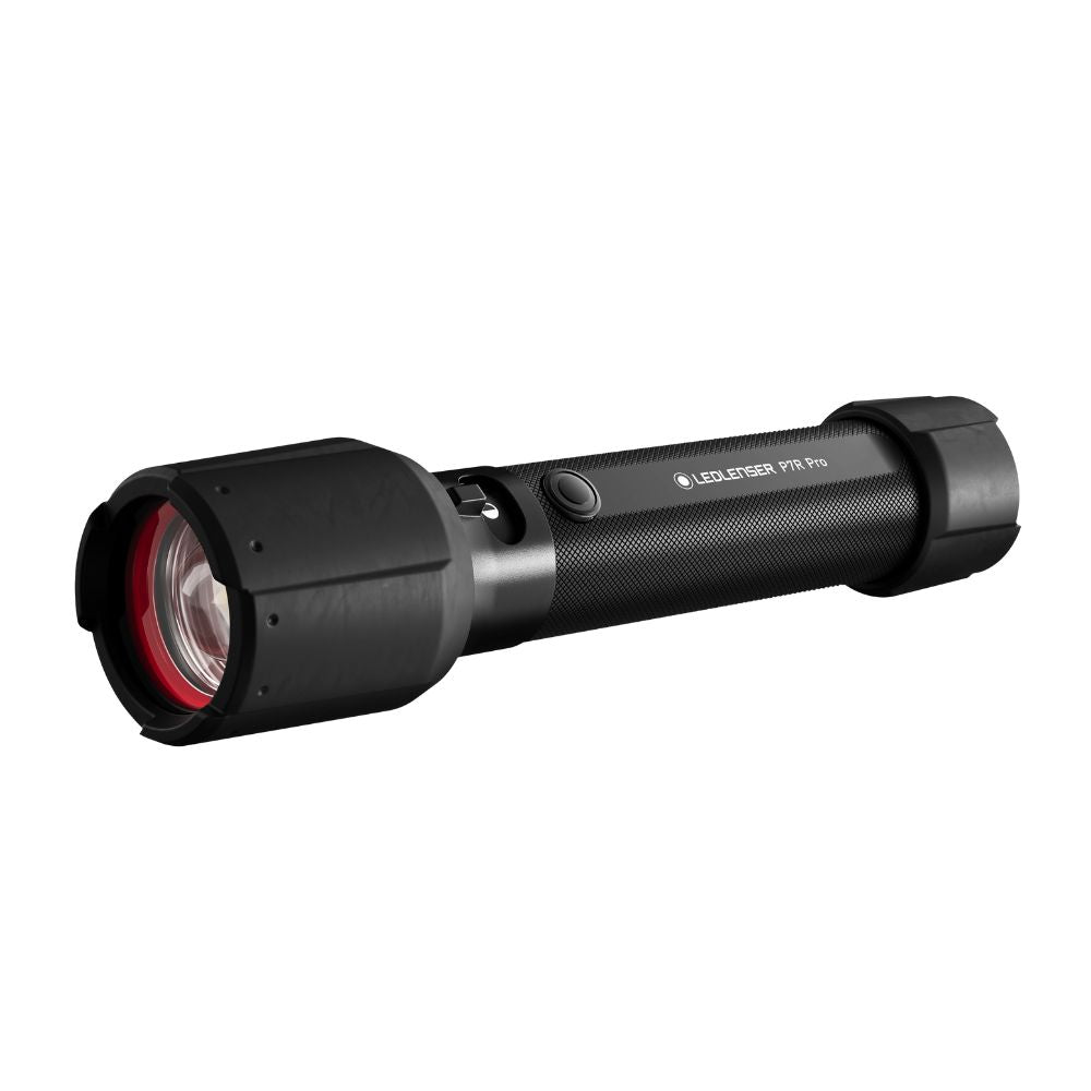 Black Ledlenser P7R Pro flashlight with red interior on a white background