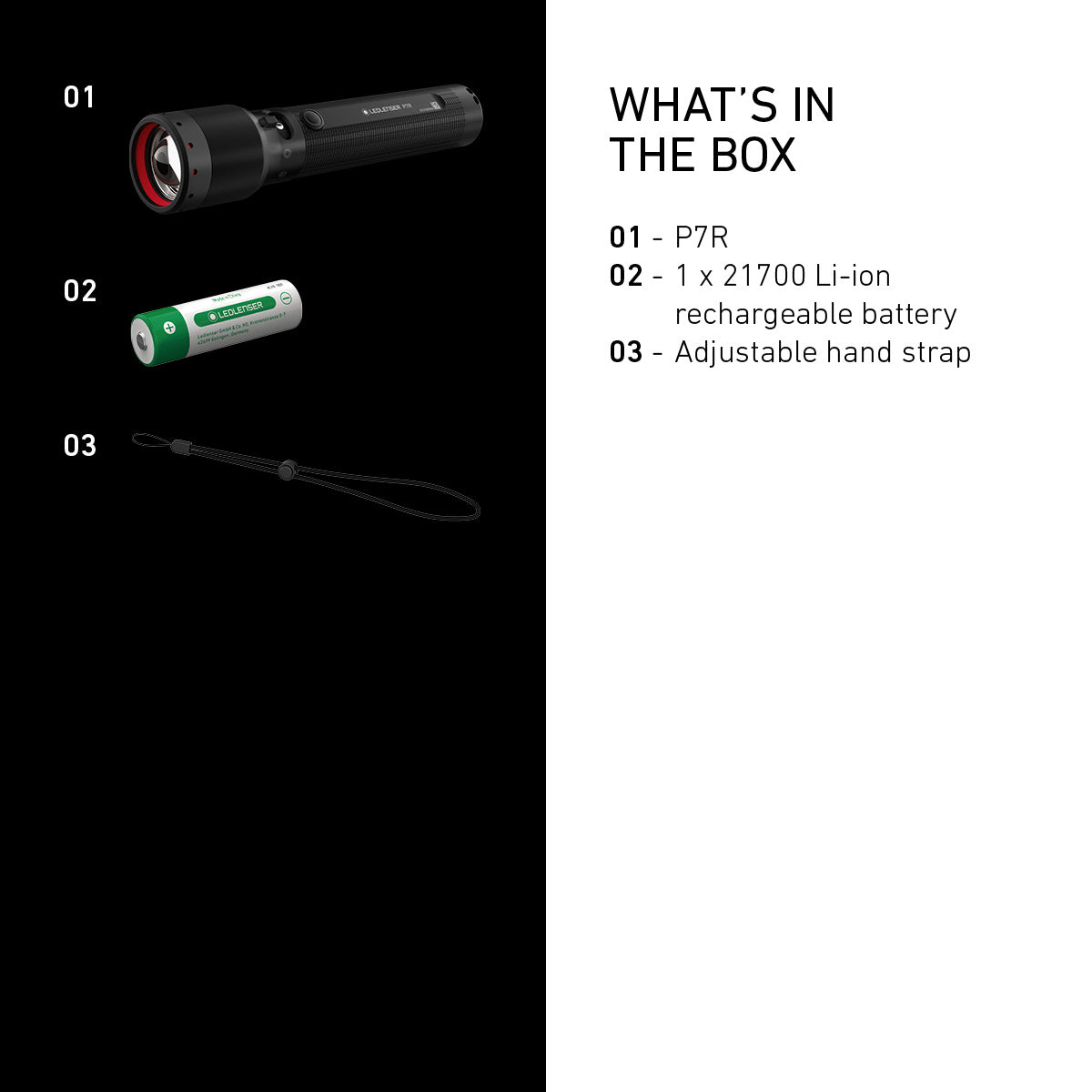 P7R Torch contents list with flashlight, battery, and strap on a black and white background.