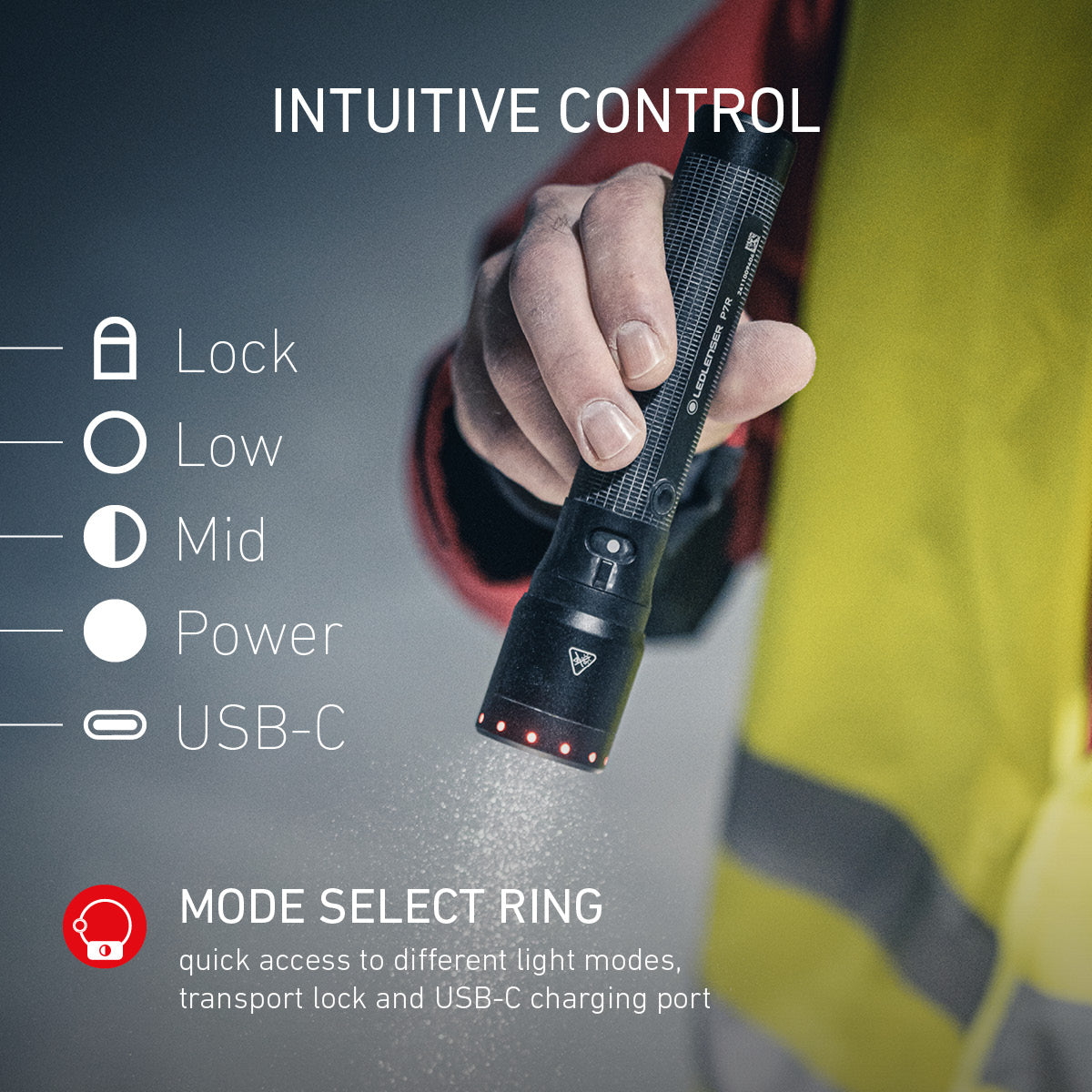 Hand holding a P7R torch with control features displayed on a dark background
