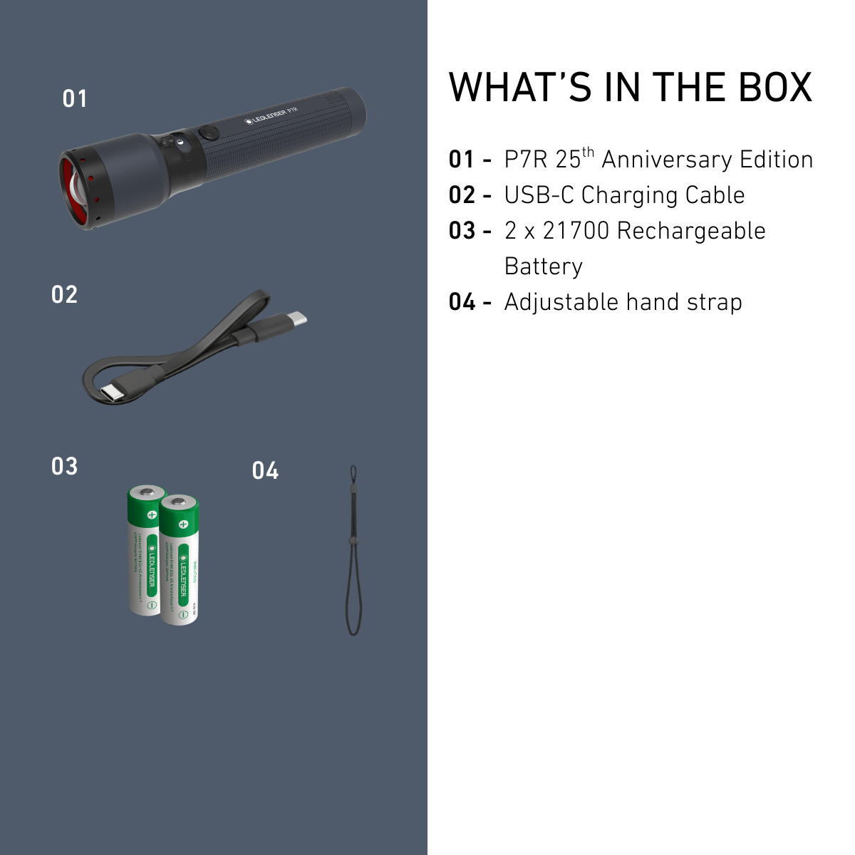 Product packaging with flashlight, charging cable, batteries, and strap on a blue background.