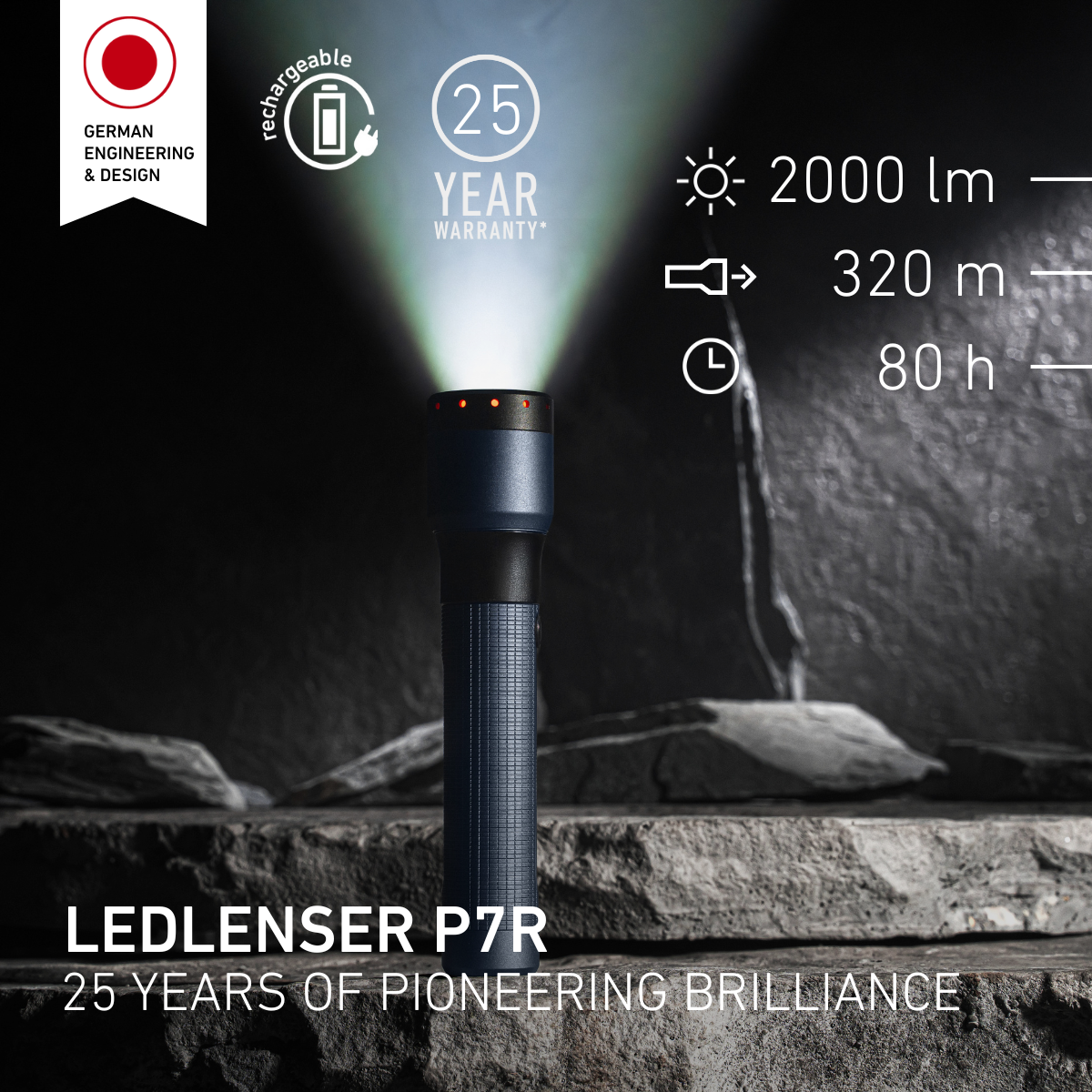 Ledlenser P7R flashlight on a dark background with product features displayed.