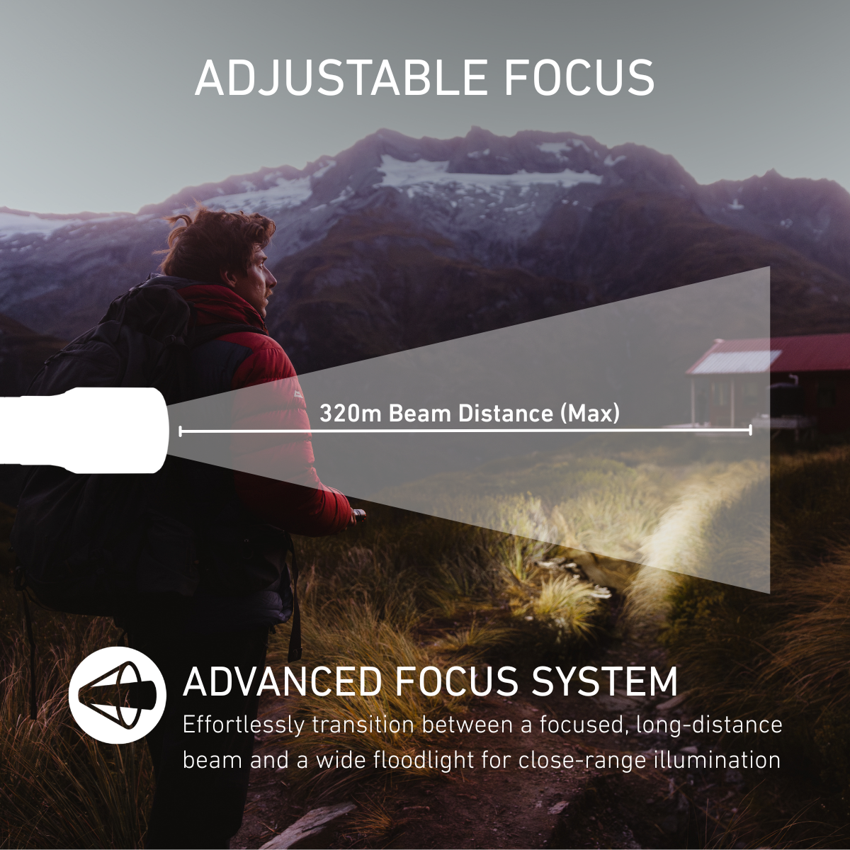Person in a red jacket standing in a mountainous landscape with text about adjustable focus and advanced focus system.