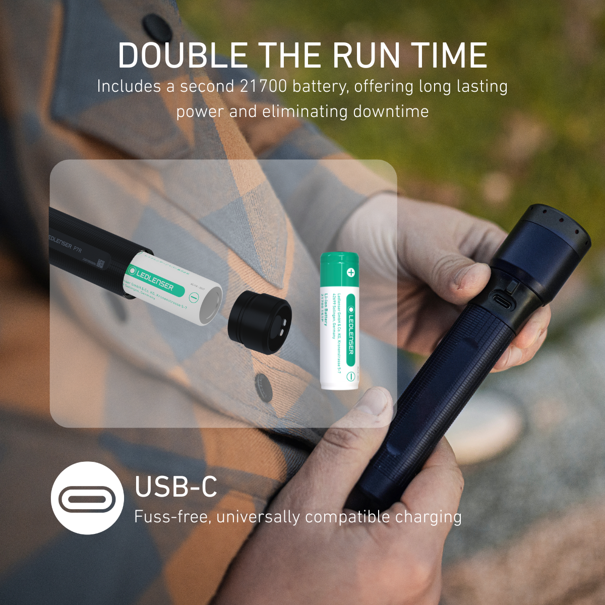 Person holding a flashlight with batteries and text about extended run time and USB-C charging.