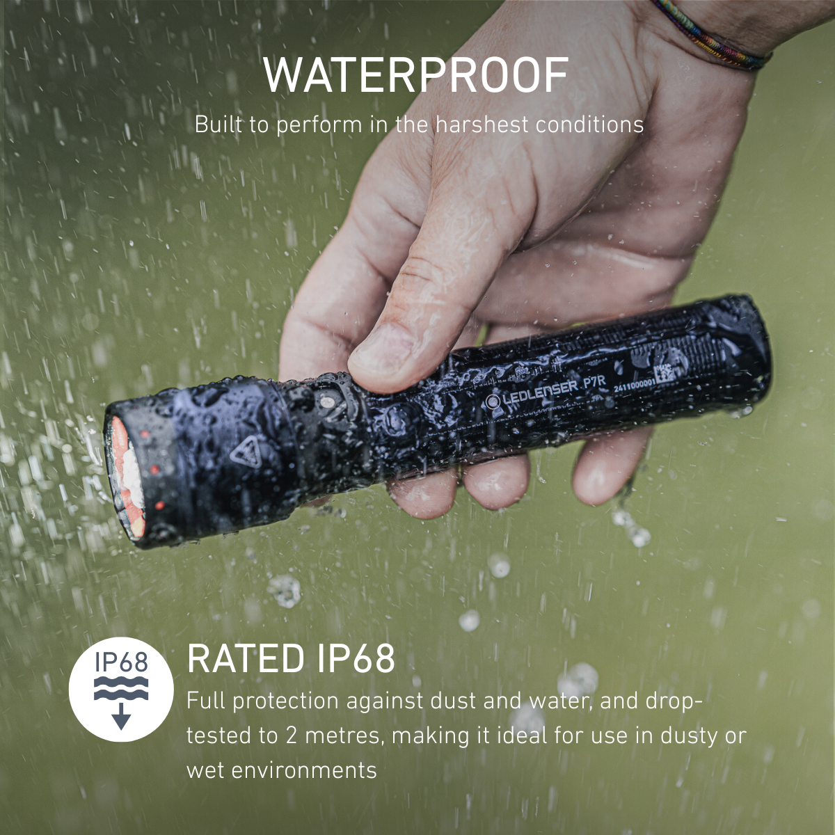 Hand holding a Ledlenser P7R flashlight under water with text indicating waterproof rating IP68.