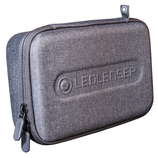 Grey carrying case with LEDLENSER branding on a white background